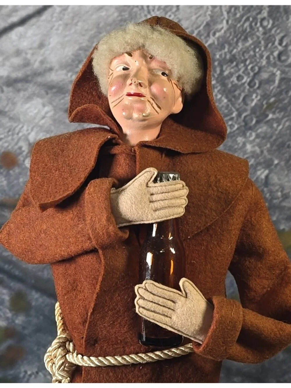 Vtg Folk Art Handmade Monk Doll Bottle Cover Wine Liquor 15